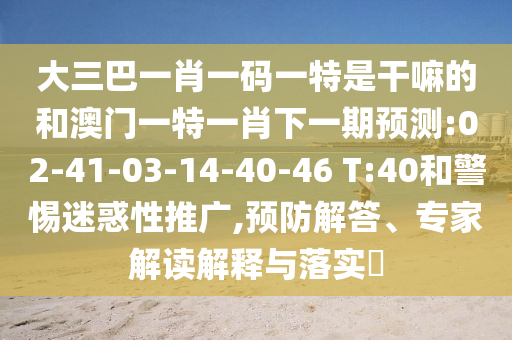 大三巴一肖一碼一特是干嘛的和澳門一特一肖下一期預(yù)測:02-41-03-14-40-46 T:40和警惕迷惑性推廣,預(yù)防解答、專家解讀解釋與落實(shí)?